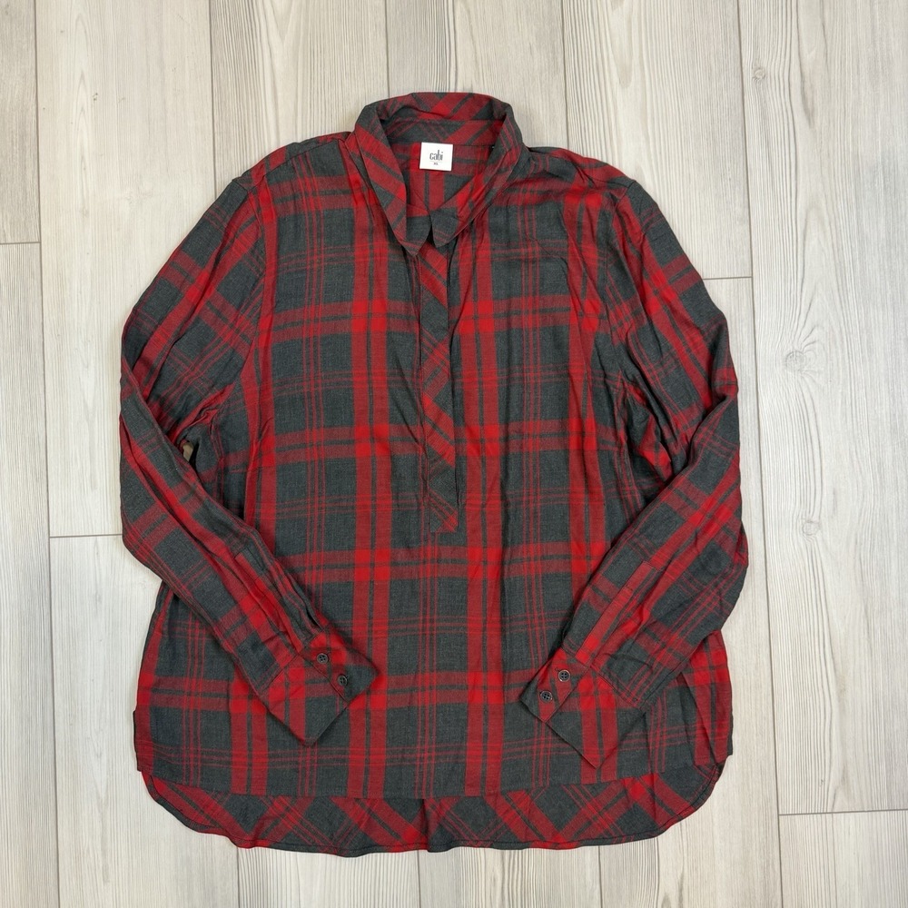 Cabi 3587 Womens Cunningham Plaid Popover Shirt Top XL Red Gray‎ Long Sleeve